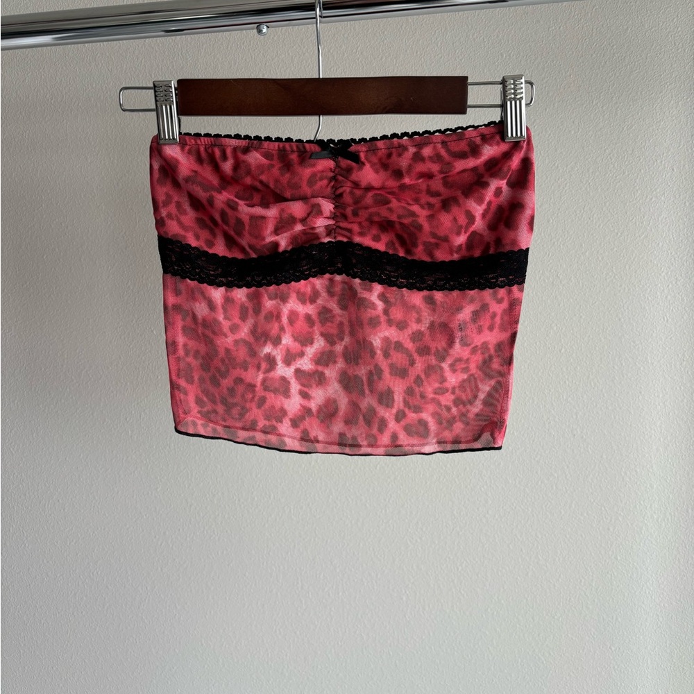 SHEIN Pink Leopard Print Crop Top with Black Lace